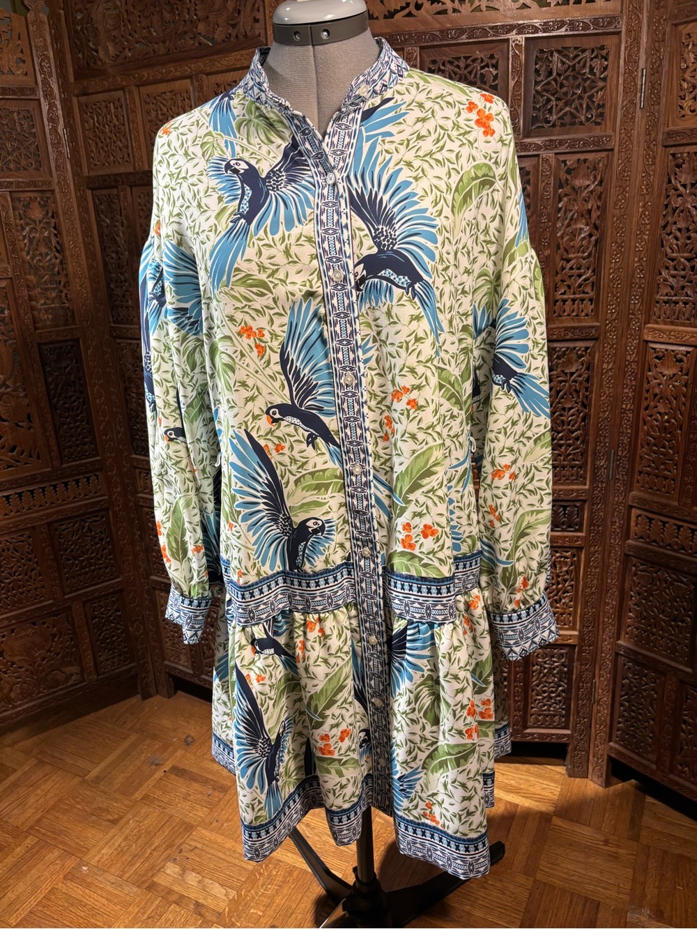 Alex Marie Blue Green Parrot-Print Midi Dress